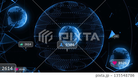 Central blue globe linking smaller spheres in digital network, showing icon callouts and counters Central blue globe linking smaller spheres in digital network, showing icon callouts and counters 135548786