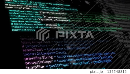 Rendering glowing code layers green and blue receding into dark virtual space, with syntax elements Rendering glowing code layers green and blue receding into dark virtual space, with syntax elements 135548813