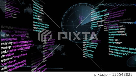 Displaying circular radar overlay scanning digital interface, with code streams and map, copy space 135548823