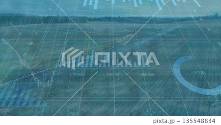 Visualizing plowed land displaying data overlays in farmland, with bar charts graphs and grid lines 135548834