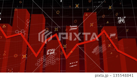 Displaying red line graph tracing peaks and troughs on dark grid, with bar chart, geometric nodes Displaying red line graph tracing peaks and troughs on dark grid, with bar chart, geometric nodes 135548841