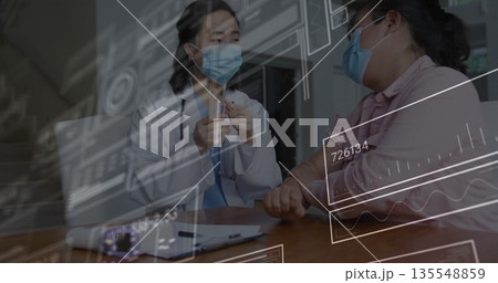 Doctor in scrubs consulting male patient, preparing syringe in clinic under digital overlays Doctor in scrubs consulting male patient, preparing syringe in clinic under digital overlays 135548859