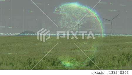 Holographic glitch sphere hovering above grassland plain, with three wind turbines and digital code 135548891
