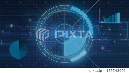 Circular radar rotating in digital panel, with pie chart, bar graph, grid overlay and data lines 135548902