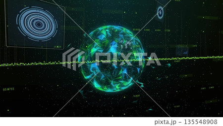 Rotating glowing digital sphere with mesh particles in data interface, numeric labels and waveform 135548908