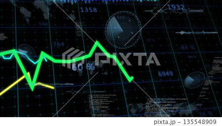 Displaying green zigzag line chart climbing on data dashboard, with radar gauges and numeric labels 135548909