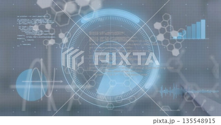 Displaying futuristic holographic interface overlaying graphs at desk, with HUD, molecular hexagons 135548915