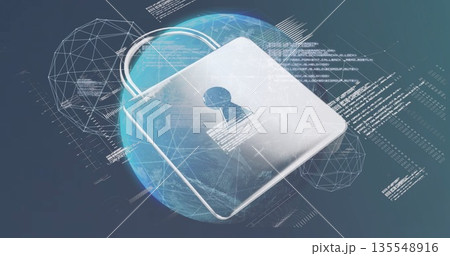 Metallic padlock icon floating in cyberspace, with digital globe, code text, spheres and lines Metallic padlock icon floating in cyberspace, with digital globe, code text, spheres and lines 135548916