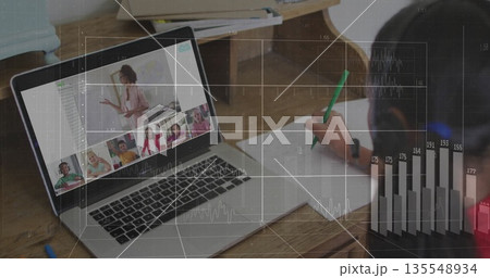 Child writing on paper with pencil while laptop in home study showing teacher wearing blazer, mug Child writing on paper with pencil while laptop in home study showing teacher wearing blazer, mug 135548934