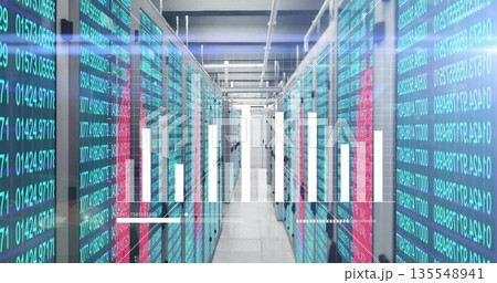 Glowing server racks lining narrow data center aisle, with holographic chart and numeric overlay 135548941