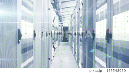 Displaying datacenter corridor hosting server rack cabinets and network switches, binary code flow Displaying datacenter corridor hosting server rack cabinets and network switches, binary code flow 135548950