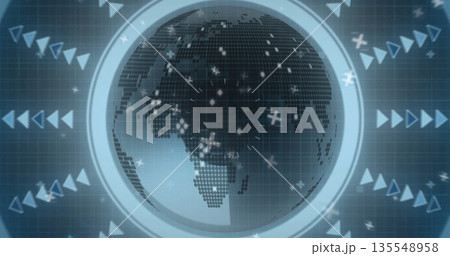 Displaying digital grid globe rotating in dashboard, with HUD ring arrows and crosshair dots 135548958