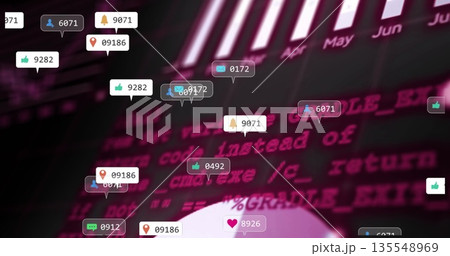 Displaying code streaming on virtual dashboard with floating social media notification bubble icons 135548969