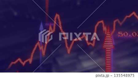 Tracing red jagged line graph at trading display, with purple and red upward arrows, numeric labels Tracing red jagged line graph at trading display, with purple and red upward arrows, numeric labels 135548975