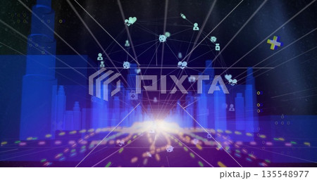 Streaming multicolored pixels converging in 3D grid, with holographic skyscrapers and network nodes Streaming multicolored pixels converging in 3D grid, with holographic skyscrapers and network nodes 135548977