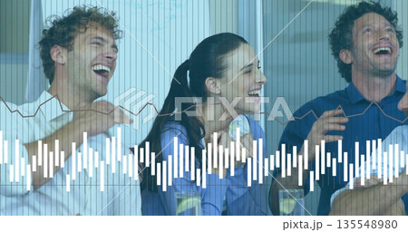 Laughing group of colleagues sharing applause at lounge counter, lemon drinks and waveform overlay 135548980
