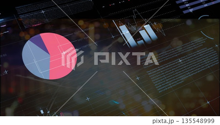 Displaying pink lavender pie chart covering left side of high-tech UI with HUD elements, copy space 135548999