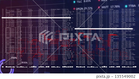 Interface showing tables and wireframes, tickers with % changes, separators and waveform chart on Interface showing tables and wireframes, tickers with % changes, separators and waveform chart on 135549002