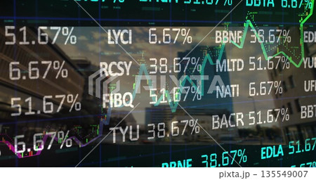 Showing stock overlay tracking percentages and tickers over urban skyline, with colored graphs 135549007