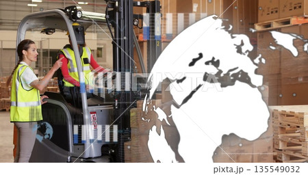 Two workers operating forklift wearing vests in warehouse with pallets, globe overlay and data bars Two workers operating forklift wearing vests in warehouse with pallets, globe overlay and data bars 135549032