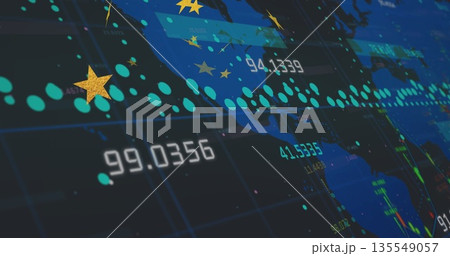 Displaying map showing grid lines, turquoise markers and data labels on navy panel with gold stars Displaying map showing grid lines, turquoise markers and data labels on navy panel with gold stars 135549057