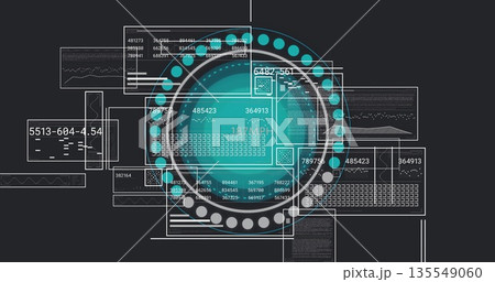 Displaying teal HUD pulsing with dot rings on digital dashboard, white lines linking data panels Displaying teal HUD pulsing with dot rings on digital dashboard, white lines linking data panels 135549060