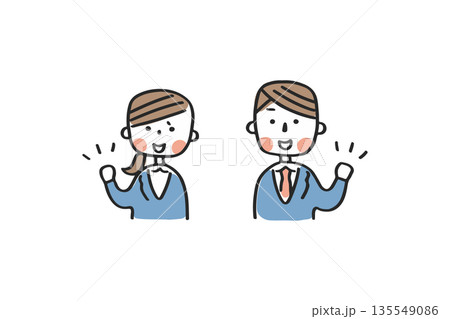 ガッツポーズをするスーツ姿の男女 135549086
