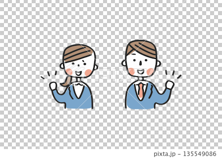 ガッツポーズをするスーツ姿の男女 135549086