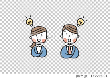 頭上に電球を浮かべひらめいたスーツ姿の男女 135549091