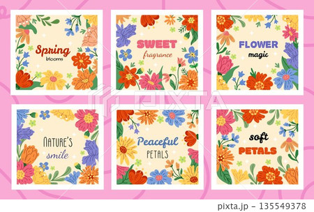 Tulip floral. Beautiful spring flower, poppy and lavender frame, wildflowers border. Cute botanical card design, colorful summer frame with leaves. Nature plant vector cartoon tidy poster isolated set 135549378