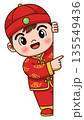 Cute Cartoon Chinese Boy Peeking Behind Blank Sign and Pointing 135549436