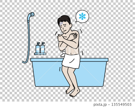 Illustration of a man shivering because the bathroom is cold 135549503