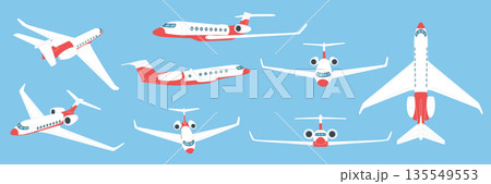 Airliner in flight set. Aeroplane position of flying jet. Business air transport, viewed from above. Aircraft front angle. Vector passenger service in sky, cartoon flat style isolated illustration Airliner in flight set. Aeroplane position of flying jet. Business air transport, viewed from above. Aircraft front angle. Vector passenger service in sky, cartoon flat style isolated illustration 135549553