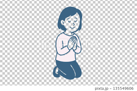 手を合わせて祈る女性のイラスト（正座・お願い・感謝） 135549606