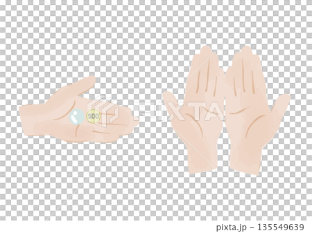 Illustration of the left palm and both hands holding a transparent medicine and a 500 yen coin 135549639