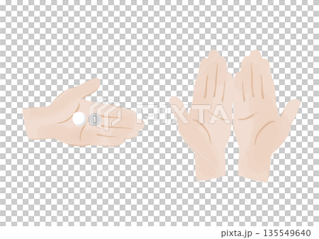 1円玉と薬剤を乗せた左手と両手のイラスト 1円玉と薬剤を乗せた左手と両手のイラスト 135549640