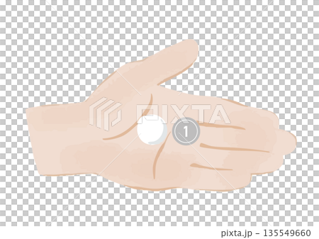 Illustration of a lineless left palm holding a white medicine and a 1 yen coin Illustration of a lineless left palm holding a white medicine and a 1 yen coin 135549660