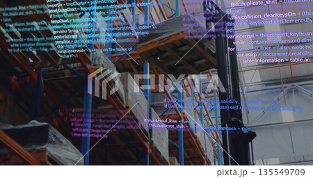 Showing forklift mast raising forks in warehouse with pallet racks, code overlay, copy space Showing forklift mast raising forks in warehouse with pallet racks, code overlay, copy space 135549709