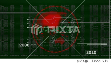 Screen displaying red grid world map DOWNLOAD text, horizontal lines, code matrix 2008 2010 labels Screen displaying red grid world map DOWNLOAD text, horizontal lines, code matrix 2008 2010 labels 135549719