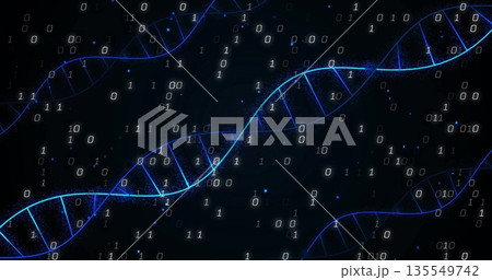 Twisting glowing blue DNA double helix strands floating in digital space, with binary digits 135549742