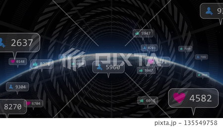 Displaying Earth horizon with floating notification bubbles in outer space, geometric tunnel 135549758