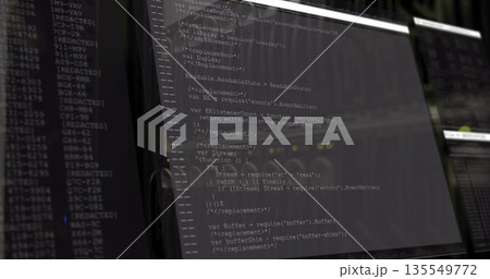 Displaying computer monitor presenting JavaScript code in dimly lit office, with secondary monitor Displaying computer monitor presenting JavaScript code in dimly lit office, with secondary monitor 135549772