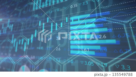 Horizontal bar chart showing numeric labels, trend lines on PC screen, with hex grid, binary code Horizontal bar chart showing numeric labels, trend lines on PC screen, with hex grid, binary code 135549788
