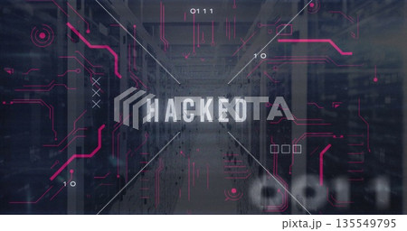 Displaying glowing HACKED text over data center corridor, with server racks and binary digits 135549795