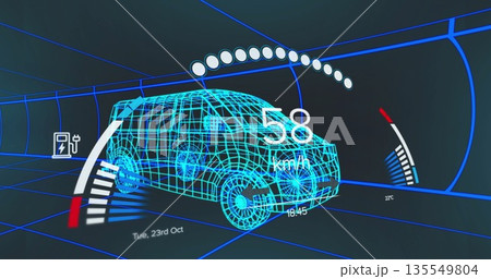 Moving cyan-blue wireframe van model through tunnel, with overlays for speed, charge icon and time 135549804