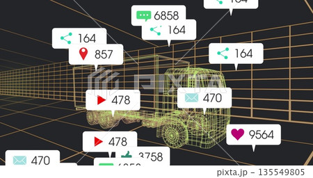 Displaying wireframe truck trailer model in virtual 3D grid space, with annotation boxes and icons Displaying wireframe truck trailer model in virtual 3D grid space, with annotation boxes and icons 135549805