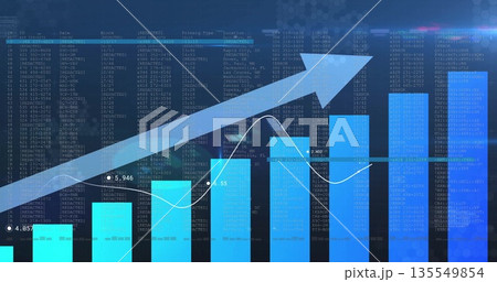 Showing blue ascending bar chart on analytics dashboard, with arrowed line graph and code matrix Showing blue ascending bar chart on analytics dashboard, with arrowed line graph and code matrix 135549854