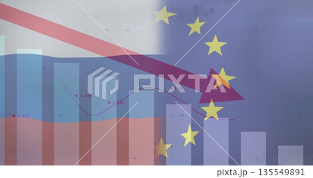Declining red arrow crossing translucent charts in digital graphic, with EU stars and flag shapes 135549891