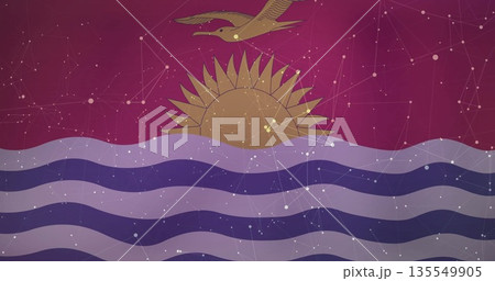 Shining golden sun rising over purple seaside waves, with seabird flying above digital network 135549905