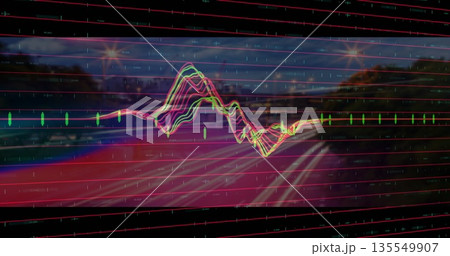 Displaying data waveform lines across highway at dusk, with red grid and vehicle trails Displaying data waveform lines across highway at dusk, with red grid and vehicle trails 135549907